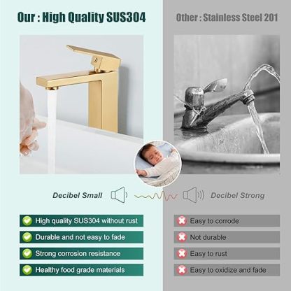 Brushed Gold Restroom Faucet,Bathroom Vessel Sink Faucet Single Handle Basin Bowl Tap SUS304 Stainless Steel Tall Body 1 Hole Lavatory Vanity Mixer Bar Tap with Pop Up Drain