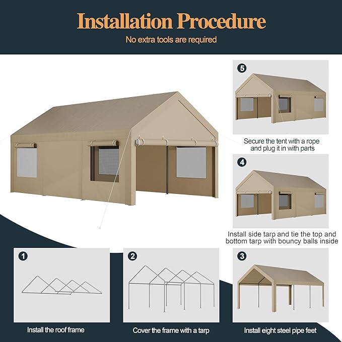 10x18.5ft Heavy Duty Carport, Portable Garage with Removable Sidewalls