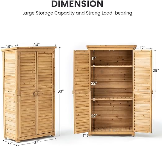 Outdoor Storage Cabinet with 3 Shelves, Wooden Garden Shed with Double Doors& Waterproof Roof, Outside Utility Tall Tool Organizer for Garden Farm Backyard