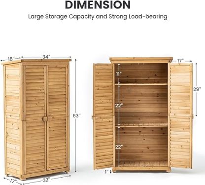 Outdoor Storage Cabinet with 3 Shelves, Wooden Garden Shed with Double Doors& Waterproof Roof, Outside Utility Tall Tool Organizer for Garden Farm Backyard