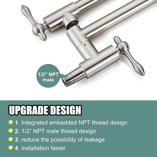 Pot Filler Faucet Stainless Steel SUS304 Brushed Nickel Double Joint Spout Stretchable Swing Arm with Single Hole 19 Inch Two Handles Wall Mounted Commercial Kitchen Faucet