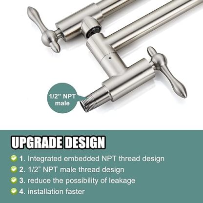 Pot Filler Faucet Stainless Steel SUS304 Brushed Nickel Double Joint Spout Stretchable Swing Arm with Single Hole 19 Inch Two Handles Wall Mounted Commercial Kitchen Faucet