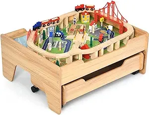 Wooden Kids Activity Table with Storage Drawer, 100 Multicolor Pieces