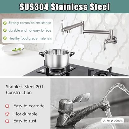 Pot Filler Faucet Stainless Steel SUS304 Brushed Nickel Double Joint Spout Stretchable Swing Arm with Single Hole 19 Inch Two Handles Wall Mounted Commercial Kitchen Faucet