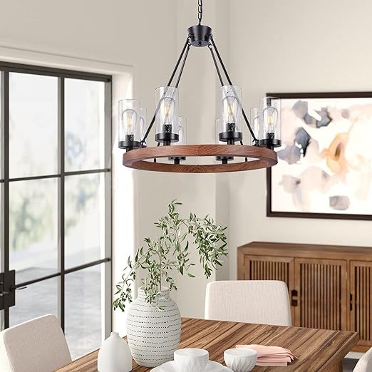 8-Light Farmhouse Chandeliers for Dining Room, 30 inch Rustic Wagon Wheel Chandelier with Seeded Glass Shade, Antique Vintage Round Wood-Painted Hanging Lighting Kitchen Island Living Room