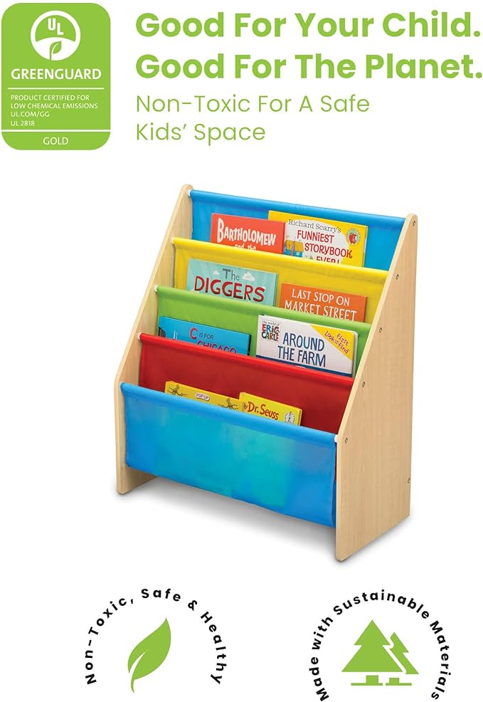 Sling Book Rack Bookshelf, 4-Tier Wooden Shelf with Soft Fabric Pockets