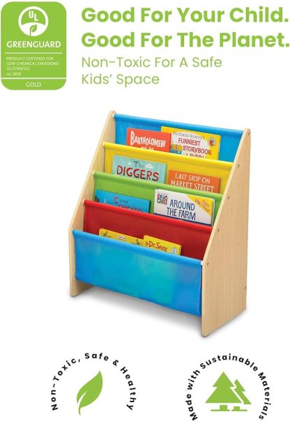 Sling Book Rack Bookshelf, 4-Tier Wooden Shelf with Soft Fabric Pockets