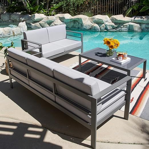 3-Pieces Aluminum Outdoor Patio Sofa, All-Weather Outdoor 5-Seater Couch Loveseat with Coffee Table - Gray