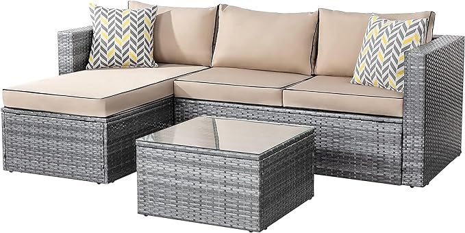 3 Pieces Outdoor Sectional Sofa Silver All-Weather Rattan Wicker Sofa Small Patio Conversation Couch