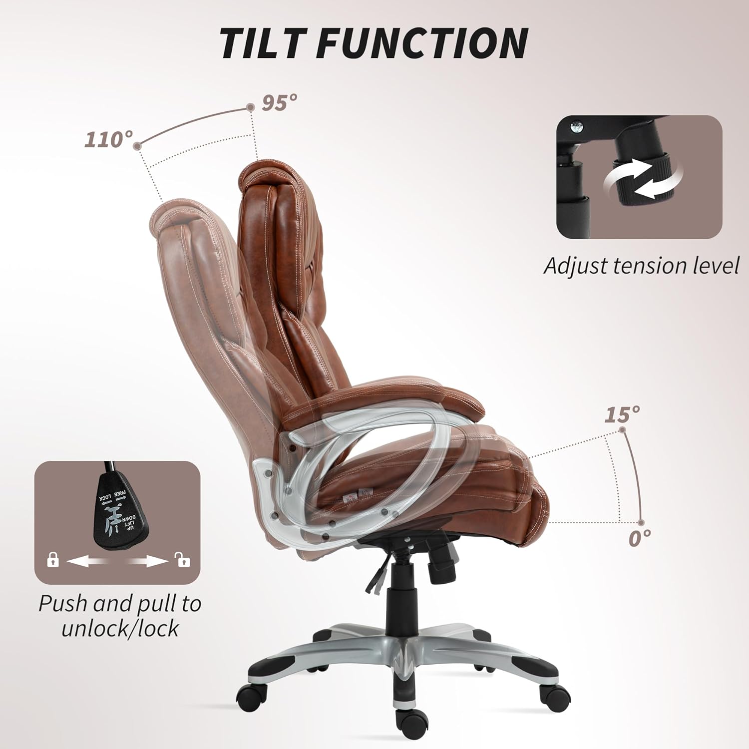 Padded Armrest, Swivel Wheels, Executive PU Leather Computer Chair, Adjustable Height