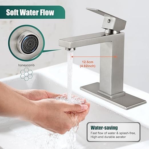 Brushed Nickel SUS304 Stainless Steel Bathroom Faucet Single Handle 1 Hole Basin Mixer Tap Deck Mount Vessel Sink Faucets Lavatory Vanity Bathroom Faucets for Sink 1 Hole（Drain Not Included）