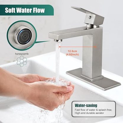 Brushed Nickel SUS304 Stainless Steel Bathroom Faucet Single Handle 1 Hole Basin Mixer Tap Deck Mount Vessel Sink Faucets Lavatory Vanity Bathroom Faucets for Sink 1 Hole（Drain Not Included）