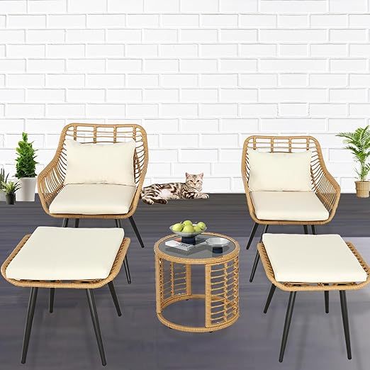 5 Piece Outdoor Bistro Set Patio Set Balcony Furniture Outdoor Furniture Rattan Chair Conversation Sets with Side Table for Porch, Backyard, Balcony (Beige, Set of 5)