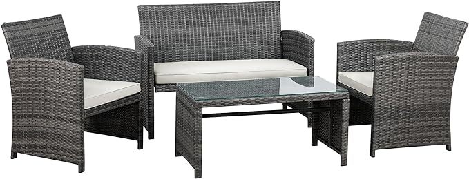Outdoor Wicker Patio Conversation Furniture Set with Cushions and Tempered Glass Tabletop