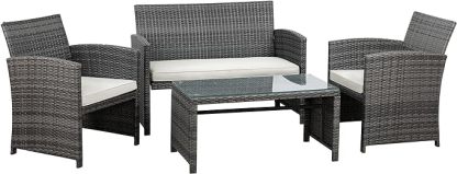 Outdoor Wicker Patio Conversation Furniture Set with Cushions and Tempered Glass Tabletop