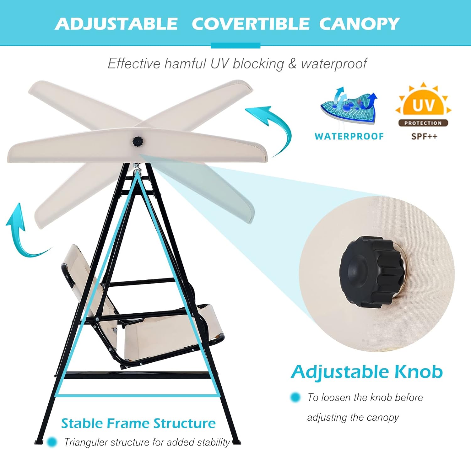 2-Seat Porch Swing Chair, Patio Swing Chair with Stand and Removable Cushions, Outdoor Canopy Swing Chair for Outside, Backyard, Garden(Beige Cushion&Steel Frame)