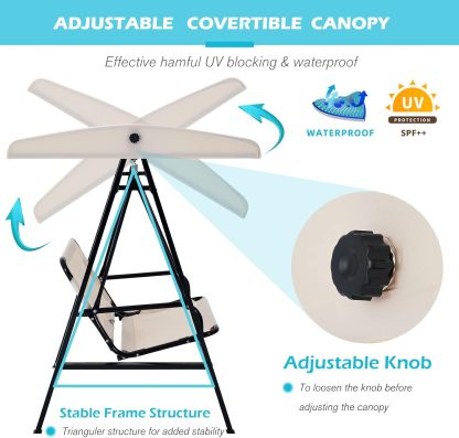 2-Seat Porch Swing Chair, Patio Swing Chair with Stand and Removable Cushions, Outdoor Canopy Swing Chair for Outside, Backyard, Garden(Beige Cushion&Steel Frame)