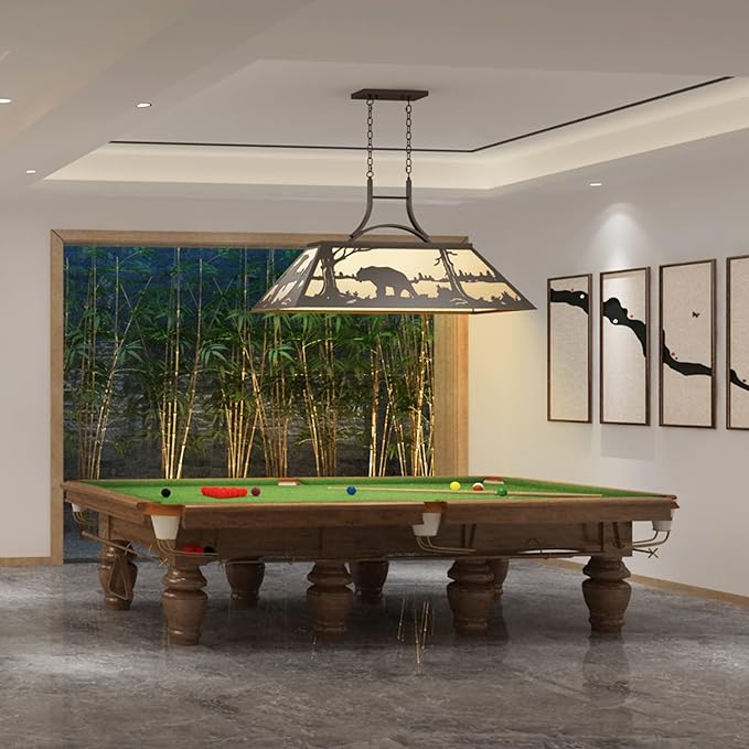 Tiffany Pool Table Light 3 Lights, Rustic Bear Chandelier for Kitchen Island, Cabin, Billiards Table Lamp
