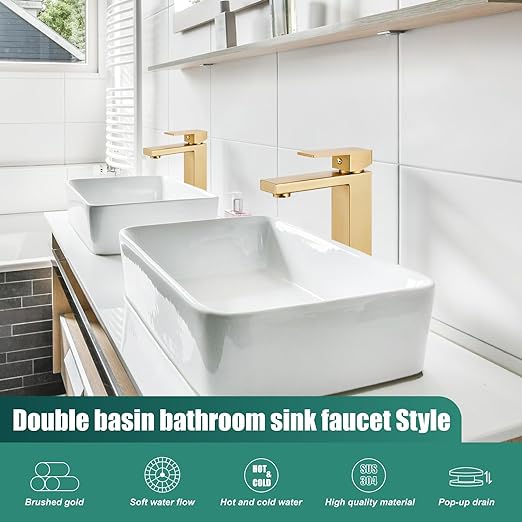 Brushed Gold Restroom Faucet,Bathroom Vessel Sink Faucet Single Handle Basin Bowl Tap SUS304 Stainless Steel Tall Body 1 Hole Lavatory Vanity Mixer Bar Tap with Pop Up Drain