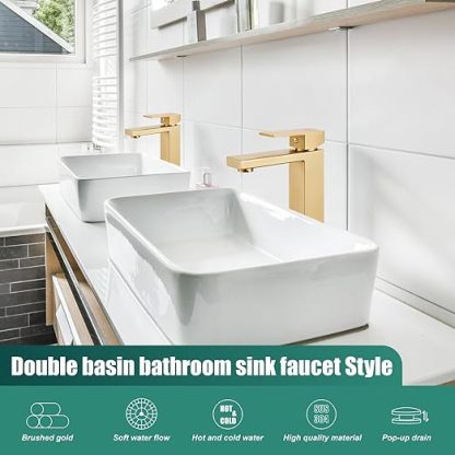 Brushed Gold Restroom Faucet,Bathroom Vessel Sink Faucet Single Handle Basin Bowl Tap SUS304 Stainless Steel Tall Body 1 Hole Lavatory Vanity Mixer Bar Tap with Pop Up Drain