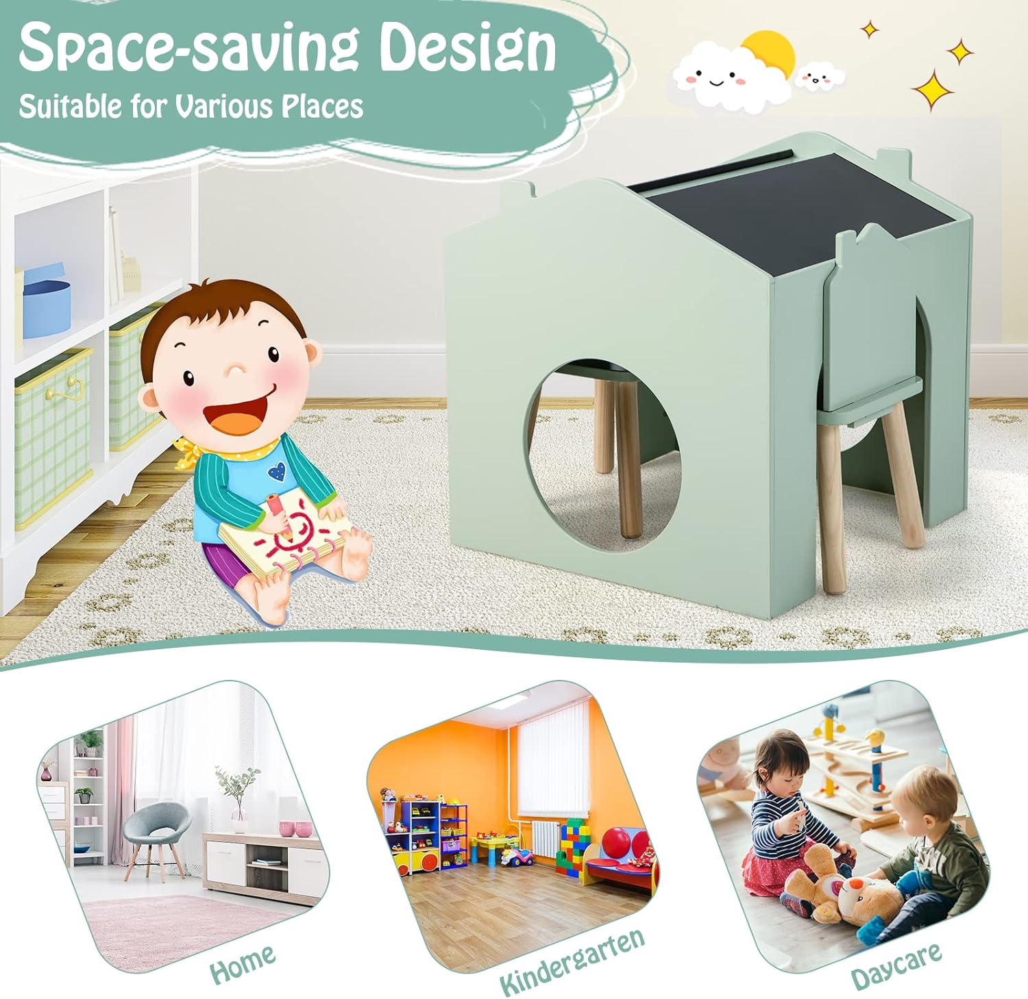 Kids Table and Chair Set, 3 Pieces Wooden Table Set for Toddler