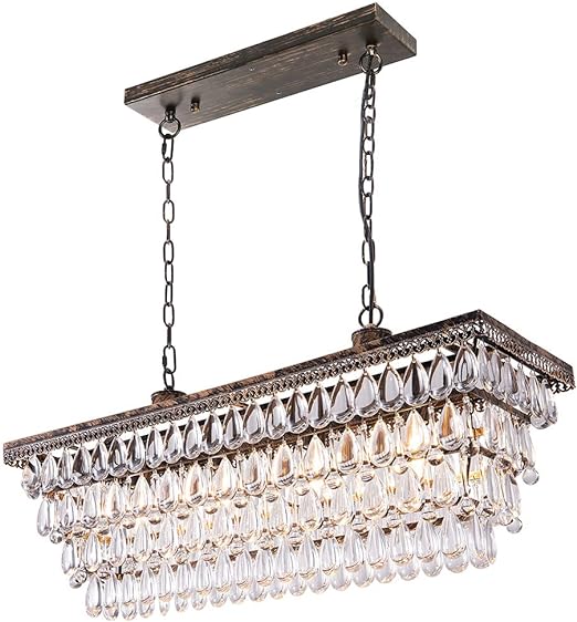 Dining Room Crystal Chandelier,30 inch Antique Bronze Rectangle Crystal Ceiling Light,4 Lights Farmhouse Kitchen Island Lighting