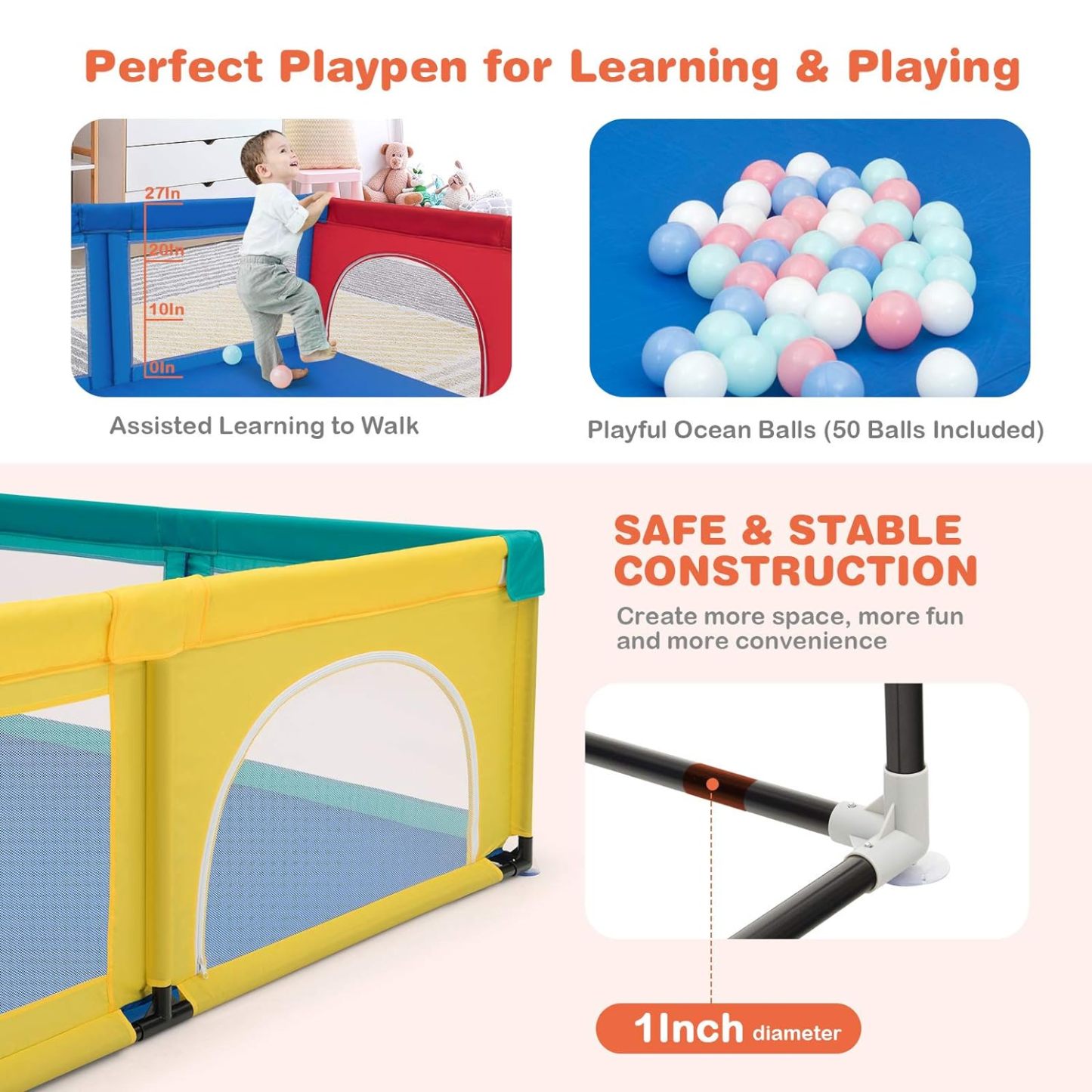 Extra Large Baby Gate Playpen w/ 50 Ocean Balls, No Gaps Infant Safety Gates