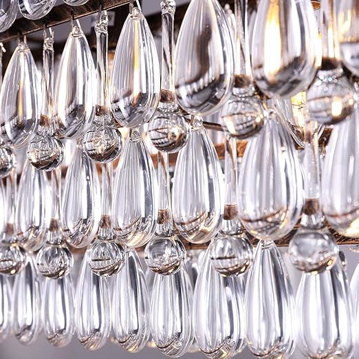 Dining Room Crystal Chandelier,30 inch Antique Bronze Rectangle Crystal Ceiling Light,4 Lights Farmhouse Kitchen Island Lighting