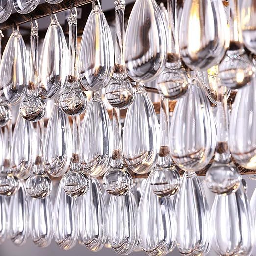 Dining Room Crystal Chandelier,30 inch Antique Bronze Rectangle Crystal Ceiling Light,4 Lights Farmhouse Kitchen Island Lighting