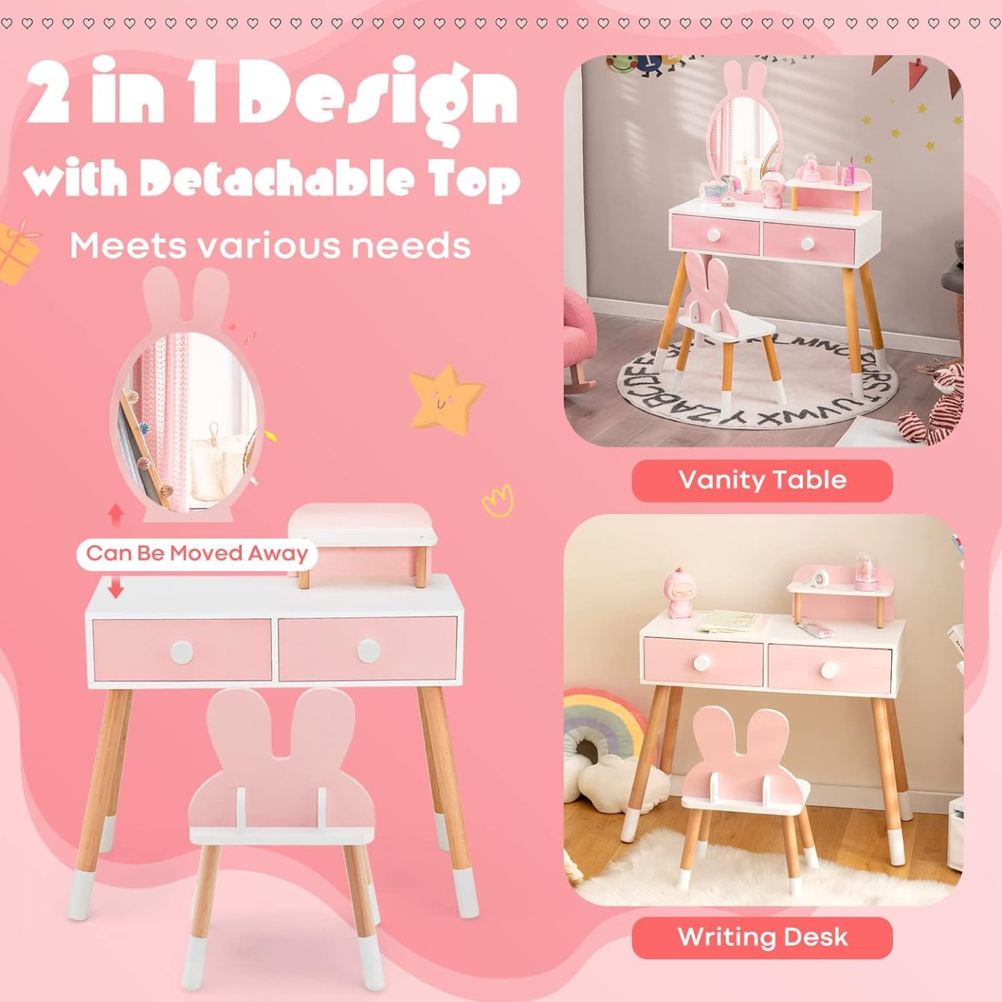 Rabbit Themed Toddler Wooden Makeup Table and Chair Set