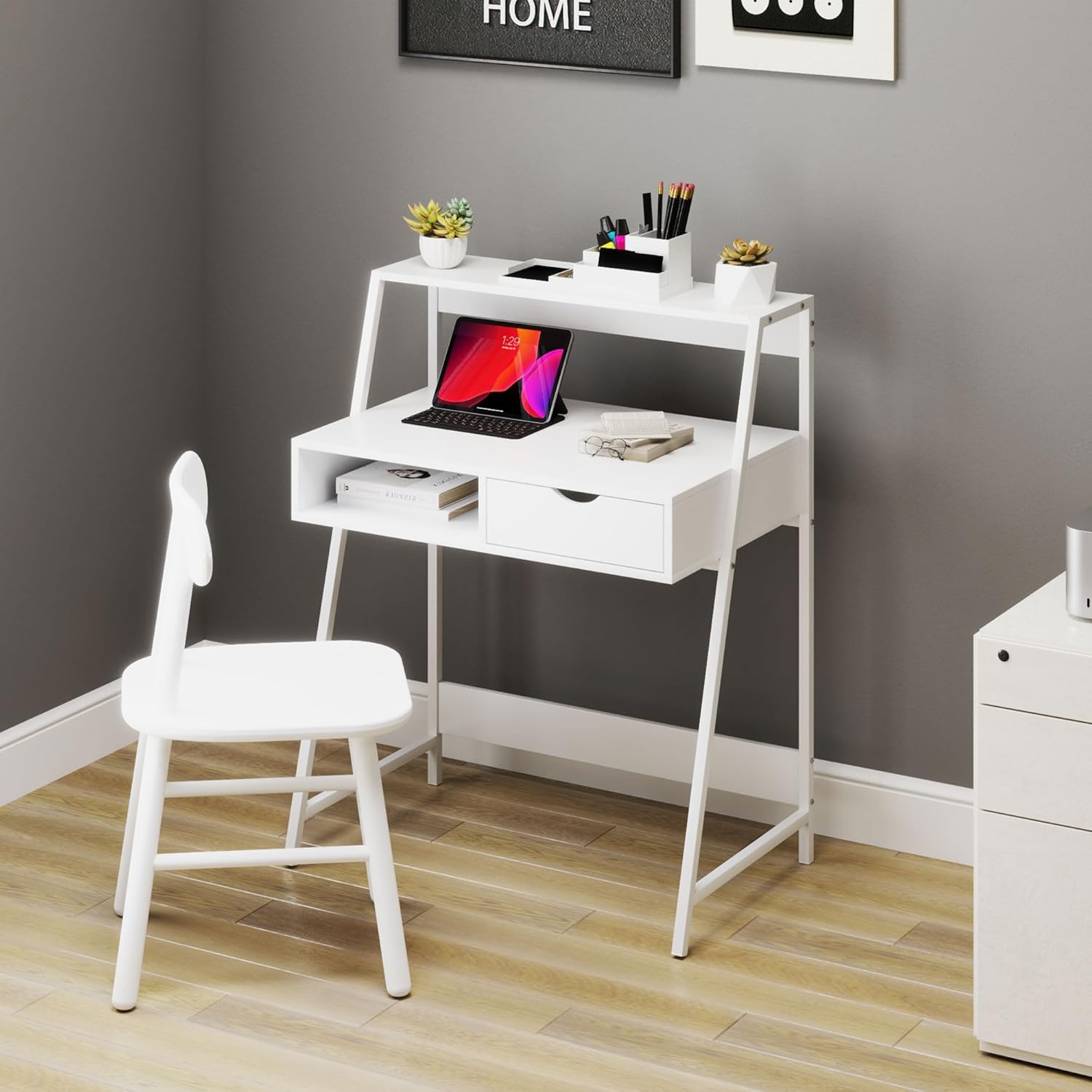 Computer Desk with A Frame for Small Spaces, Writing Table with Drawer and Storage Shelves