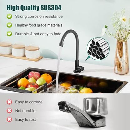 Matte Black Cold Water Only Kitchen Faucet SUS304 Sink Faucets High Arc Gooseneck 360 Degree Rotation Spout Basin Tap with Longer Thread Pipe