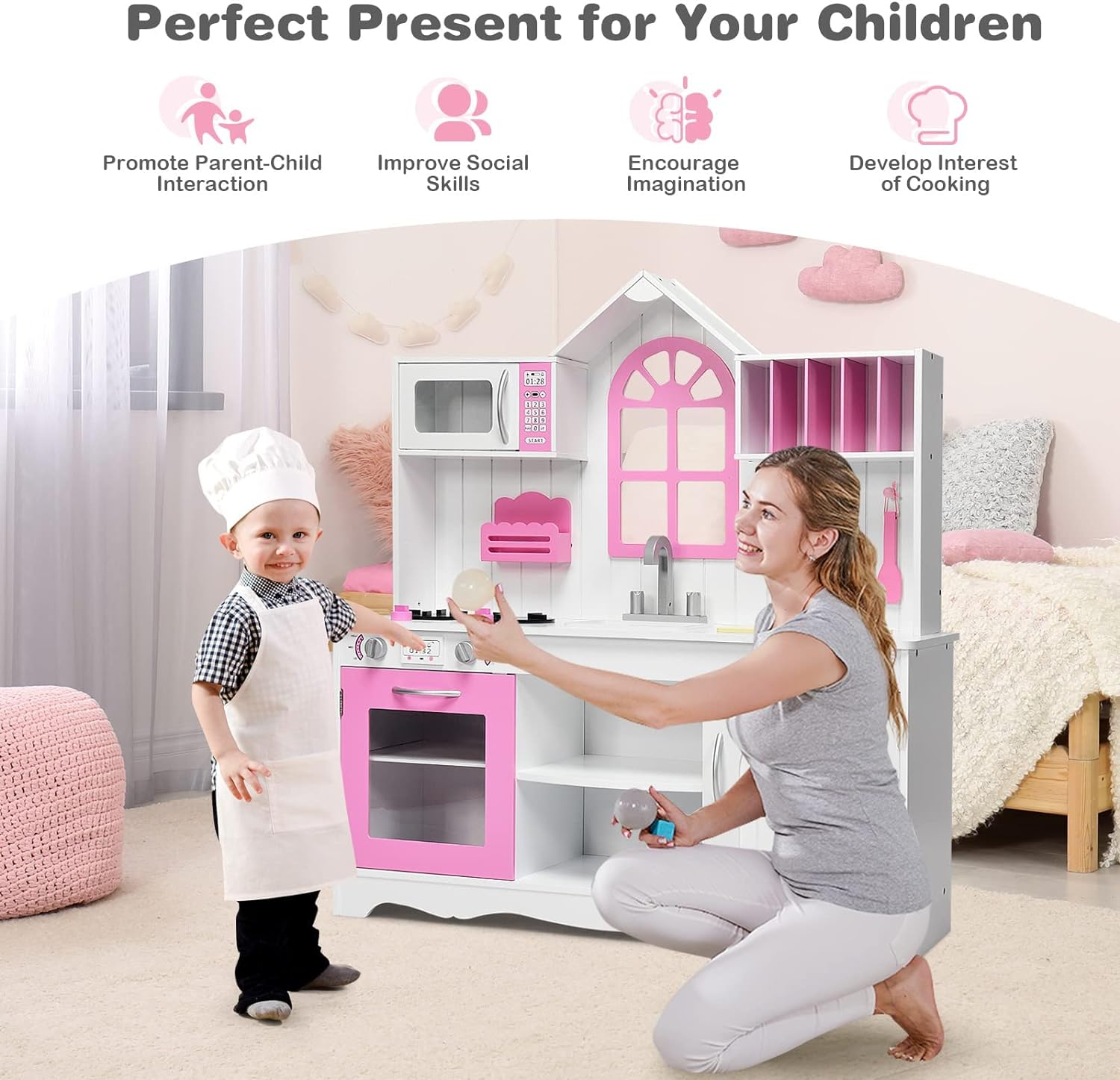 Pink Kids Kitchen Playset, 43 Inch Rooftop Wooden Play Kitchen for Toddlers