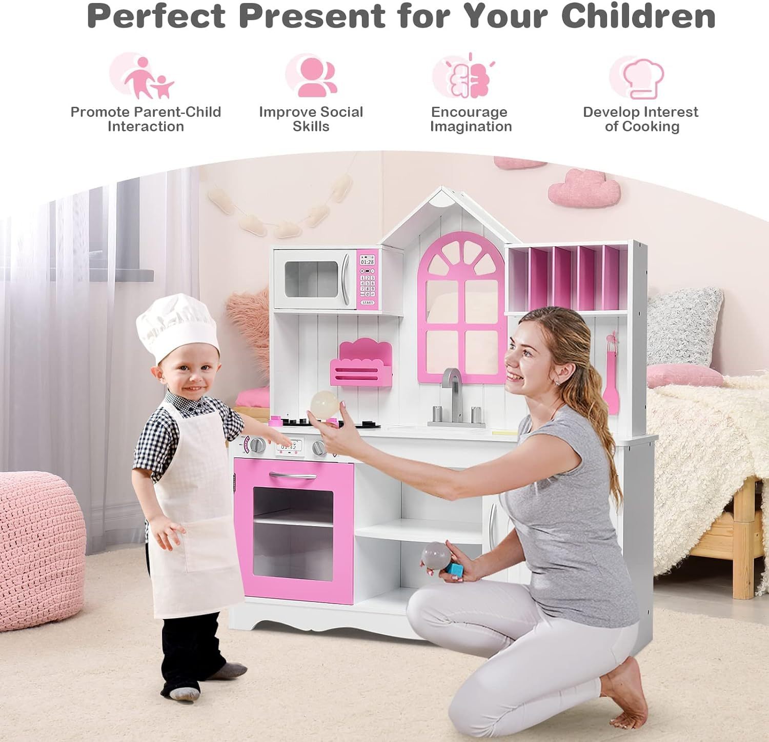 Pink Kids Kitchen Playset, 43 Inch Rooftop Wooden Play Kitchen for Toddlers