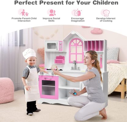 Pink Kids Kitchen Playset, 43 Inch Rooftop Wooden Play Kitchen for Toddlers