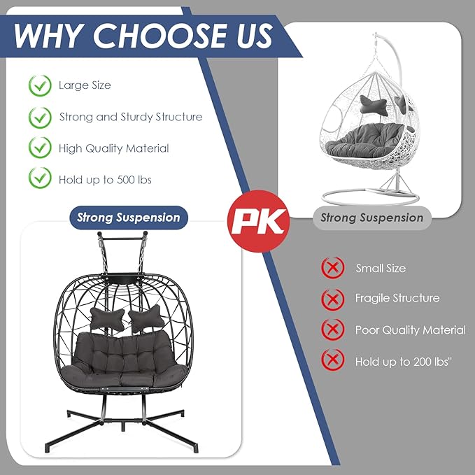 Double Egg Chair with Stand Wicker Swing Chair for 2 Person