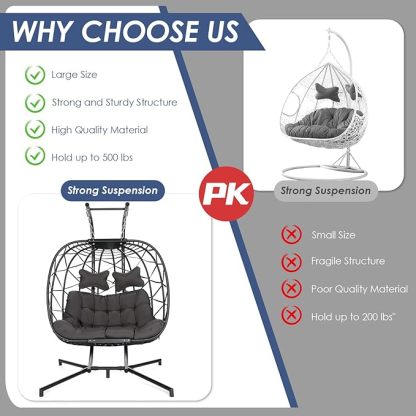 Double Egg Chair with Stand Wicker Swing Chair for 2 Person