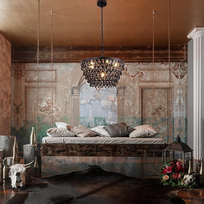 Black Crystal Chandelier Farmhouse Crystal Light Fixture Hanging Modern Ceiling Light for Dining Room Chandeliers Gothic Decor Lighting