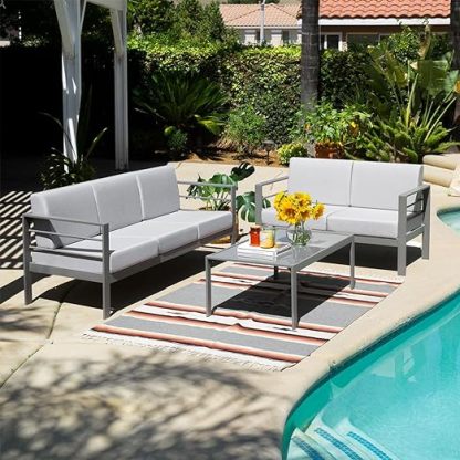 3-Pieces Aluminum Outdoor Patio Sofa, All-Weather Outdoor 5-Seater Couch Loveseat with Coffee Table - Gray