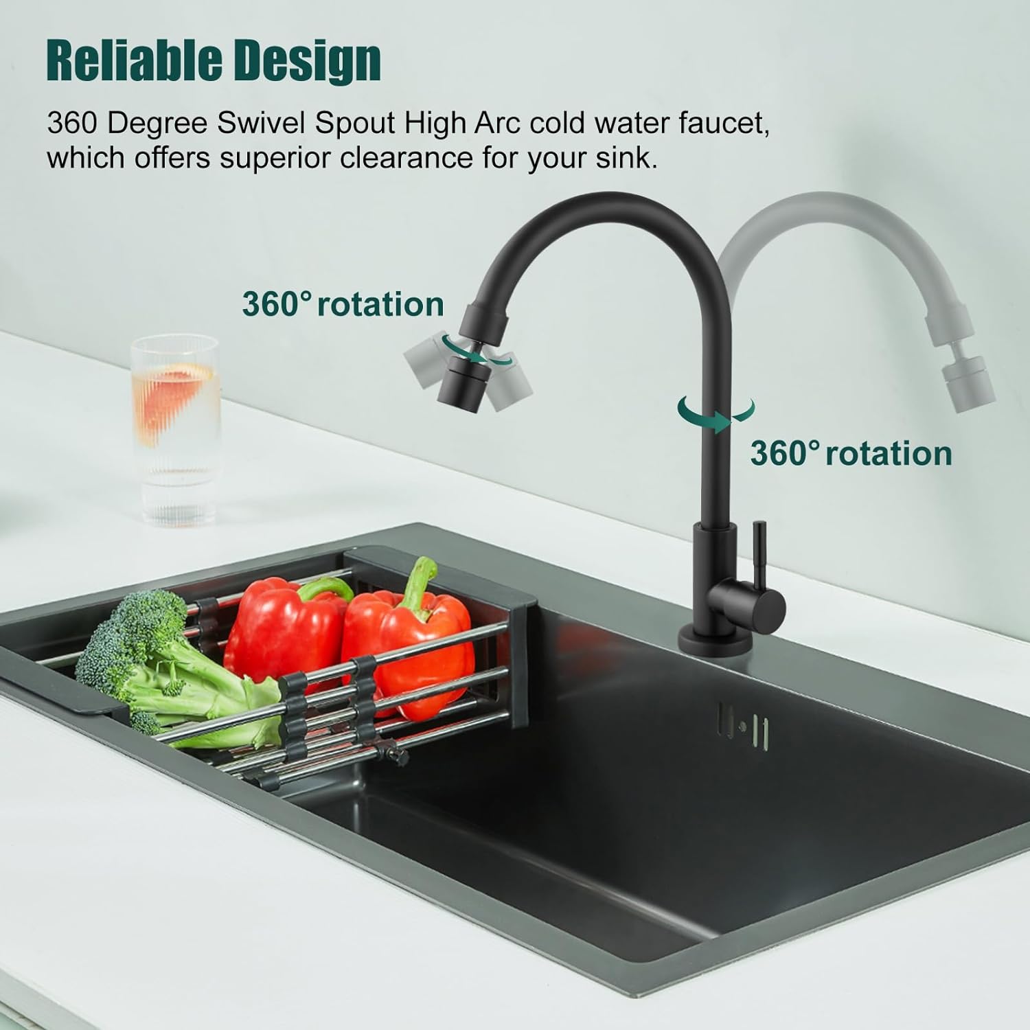 Cold Water Only Kitchen Faucet 360 Degree Swivel Spout Matte Black High Arc Sink Tap Brass Faucet Goose Neck