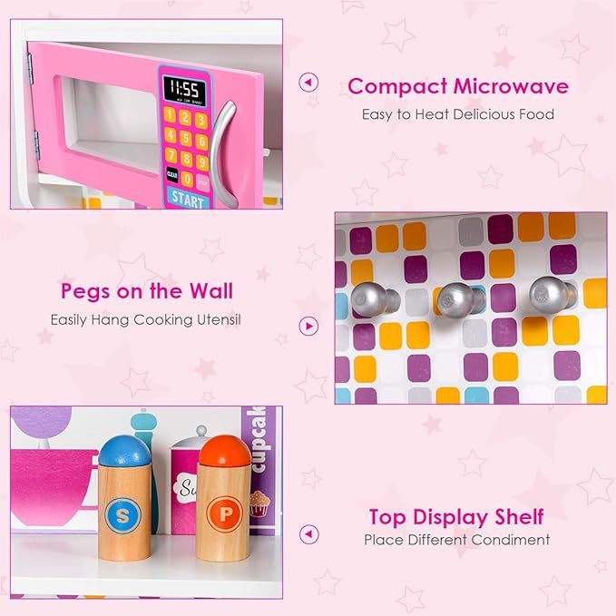 Pink Kids Kitchen Playset, Pretend Play Kitchen for Toddlers