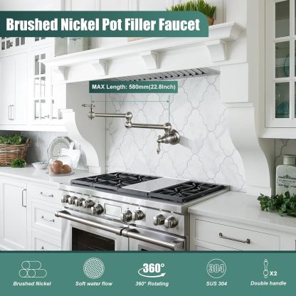 Restaurant Double Handles Pot Filler Brushed Nickel Kitchen Folding Faucet with 360 Degrees Swing Arm Classical Heyalan Single Hole SUS304 Stainless Steel Wall Mount Dual Joints