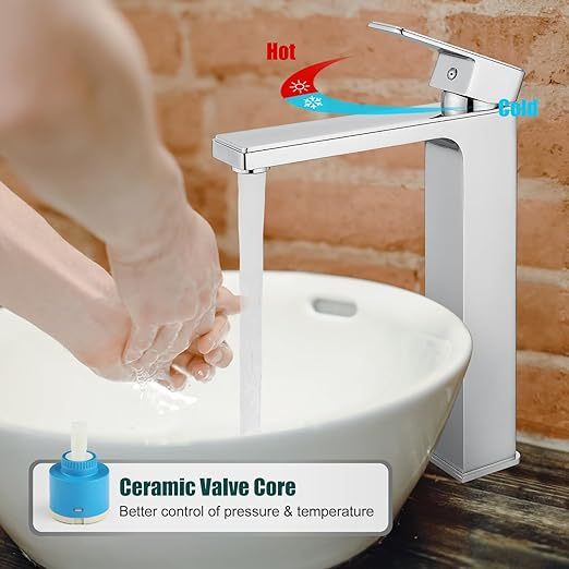 Vessel Sink Faucet Bathroom Sink Faucet Tall Body Vessel Bowl Tap Single-Hole Deck Mount Lavatory Vanity Mixer Bar Tap Tall Spout Brass Tall Bathroom Faucet,Polished Chrome,with Drain