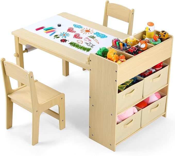 Toddler Craft Drawing Desk with Large Storage Shelves, 4 Storage Bins and Paper Roll