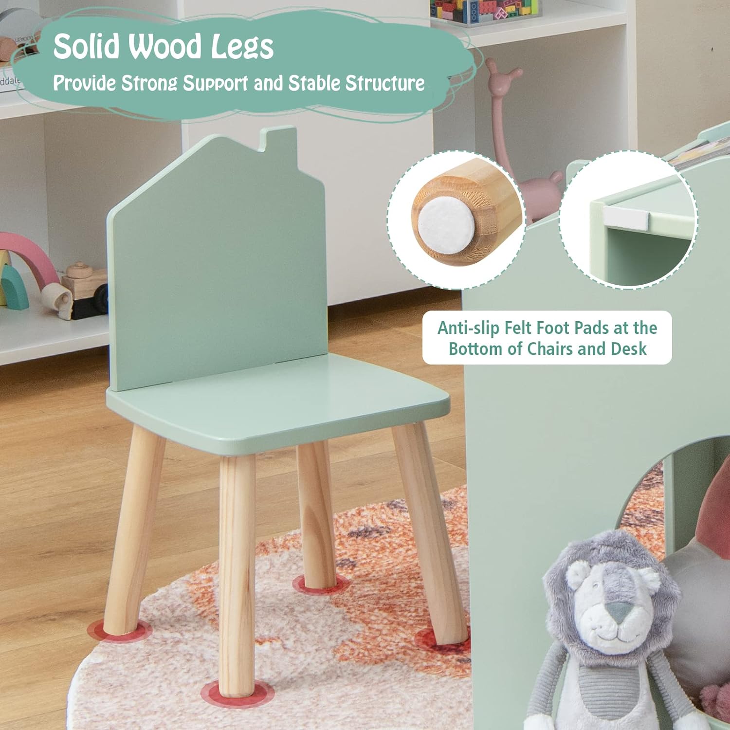 Kids Table and Chair Set, 3 Pieces Wooden Table Set for Toddler