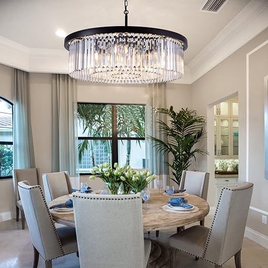 Crystal Chandeliers,9 Lights Large Black Light Fixture,3 Tiers Modern Farmhouse Chandelier for Dining Room,Round Ceiling Light Fixture for Living Room,Kitchen,Bedroom,Foyer, Entryway,W-33.46”