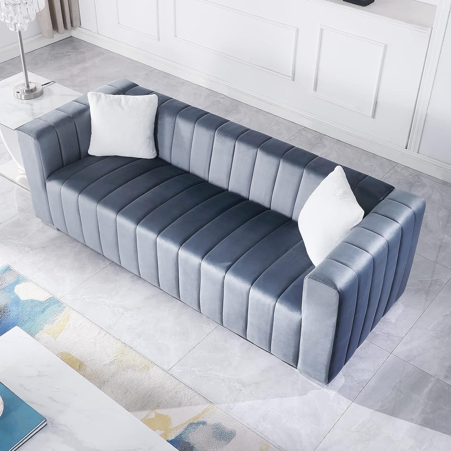 Channel Tufted Velvet 3-Seater Sofa Couch with 2 Pillows, Square Arms & Gold Metal Legs