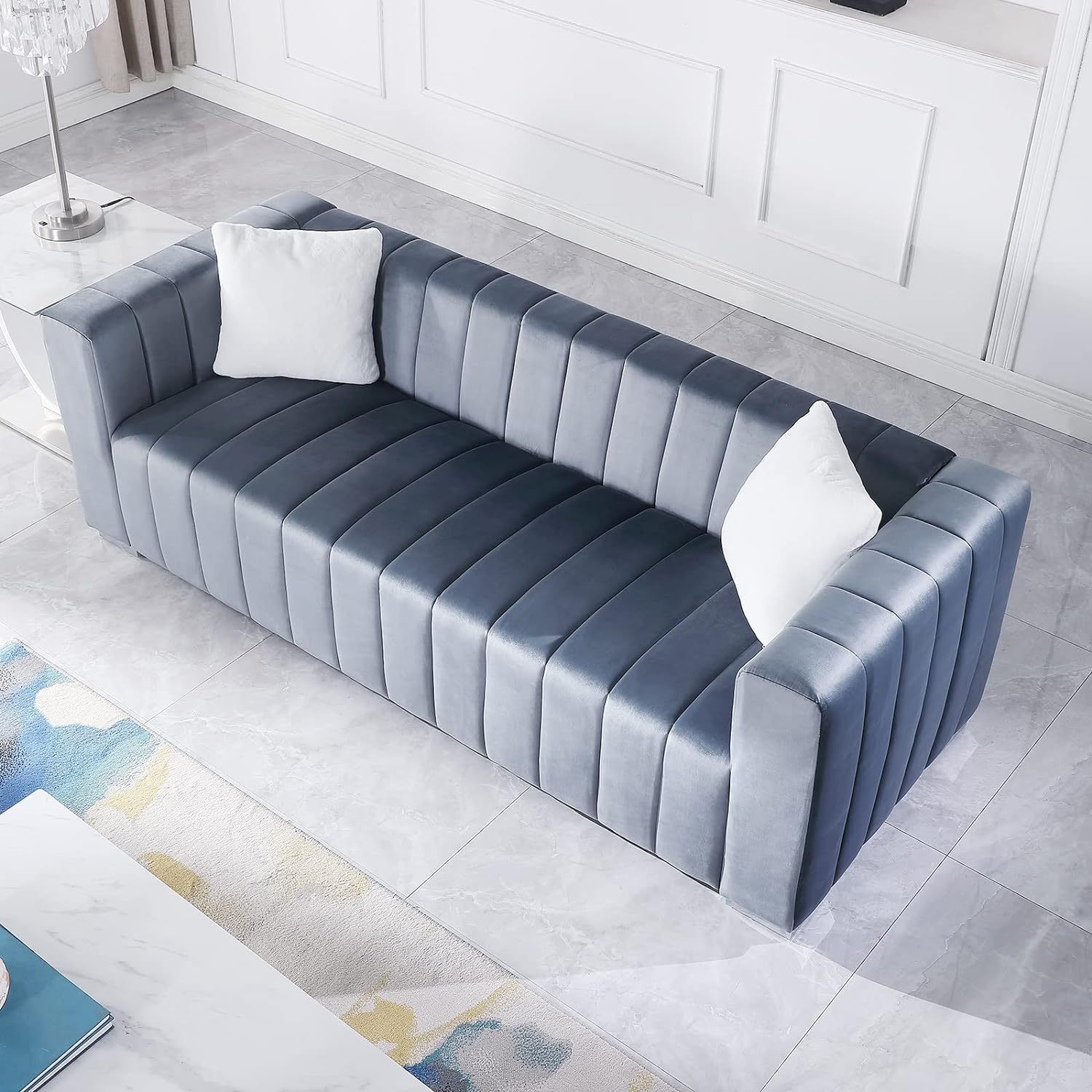 Channel Tufted Velvet 3-Seater Sofa Couch with 2 Pillows, Square Arms & Gold Metal Legs