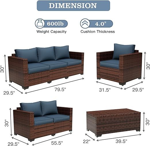 Wide Armrest Outdoor Patio Furniture Set, 5 Piece Patio Sectional Sofa with Storage Table for Backyard, Porch, Balcony, Poolside(Navy Blue)