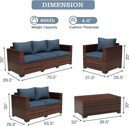 Wide Armrest Outdoor Patio Furniture Set, 5 Piece Patio Sectional Sofa with Storage Table for Backyard, Porch, Balcony, Poolside(Navy Blue)